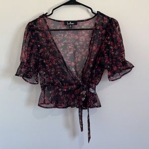 Lulu's Floral Tie Short Sleeve Blouse
